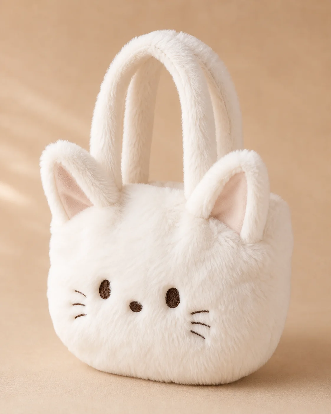 White faux fur novelty mini bag with 3D ears and embroidered face details