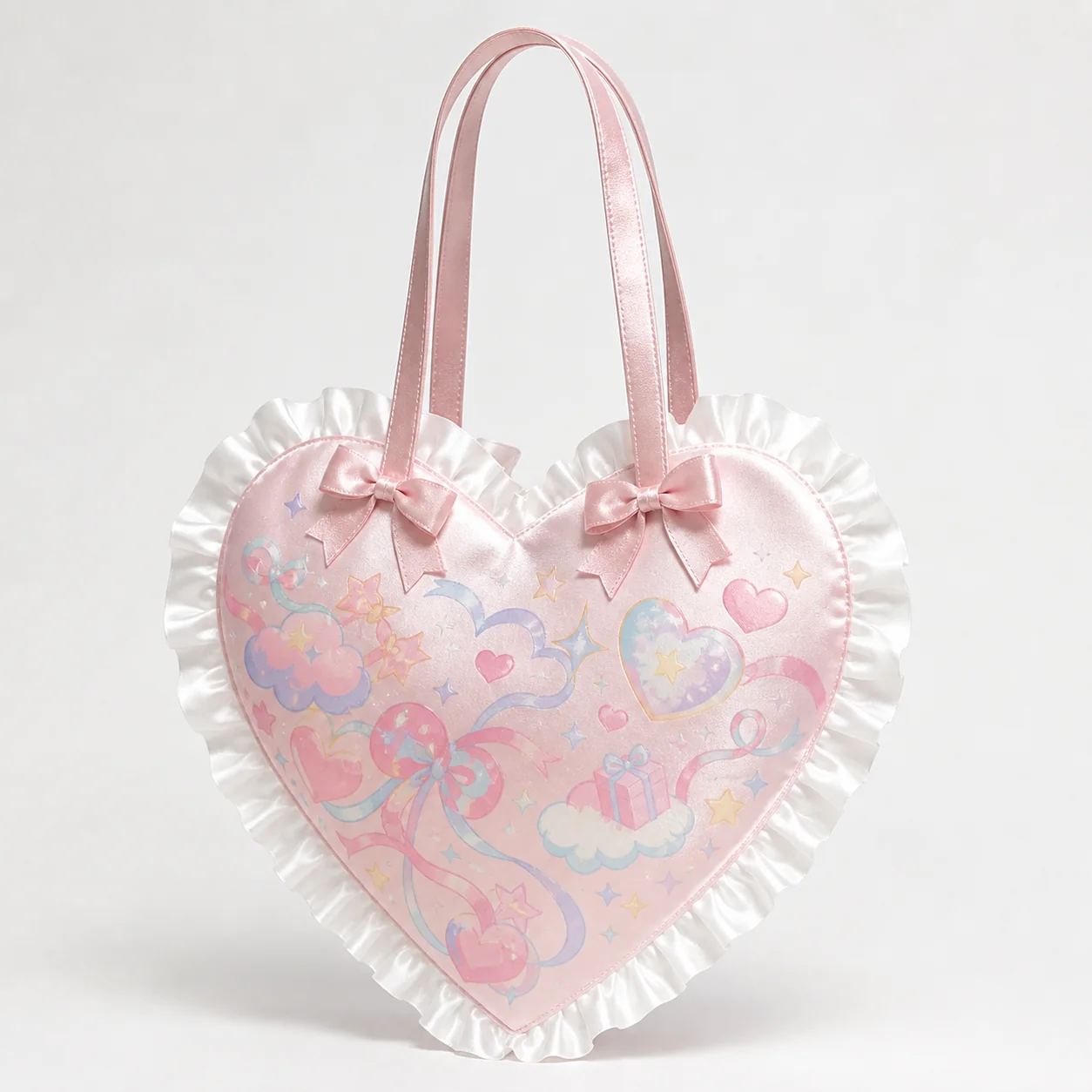 Pastel pink satin heart shaped mini bag with white ruffle trim