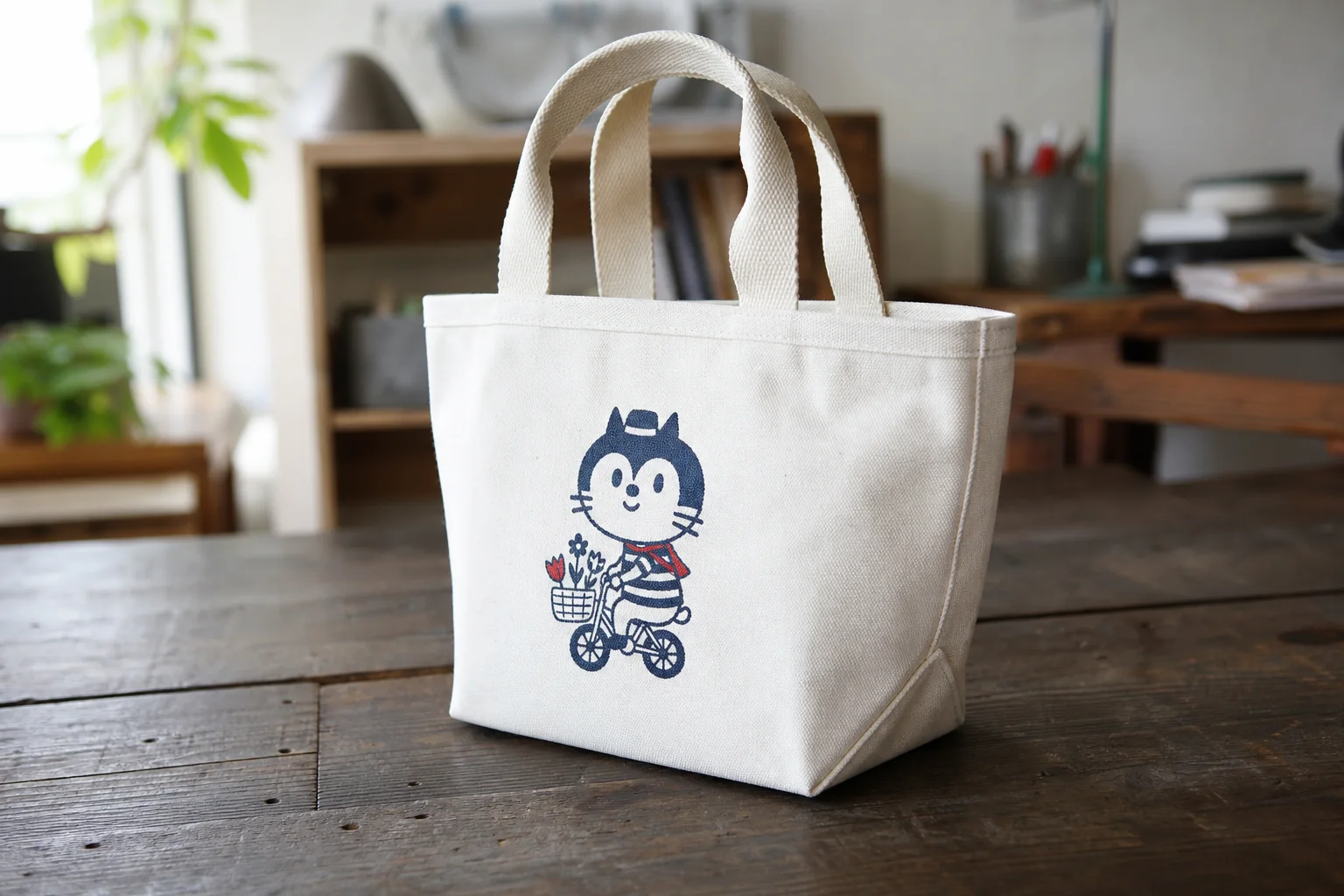 Self standing thick canvas mini tote bag with wide bottom gusset