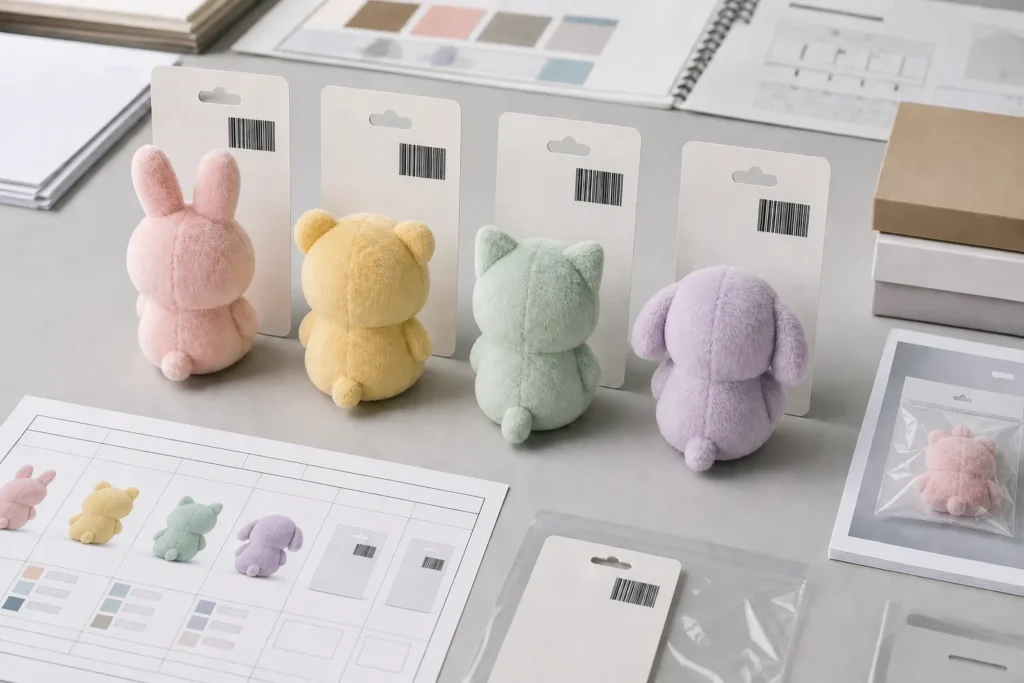 custom plush products with backing cards arranged for GTIN and SKU planning
