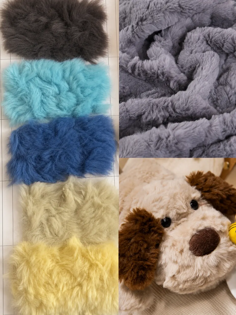 Brushed rabbit faux fur swatch and plush dog sample for custom plush OEM
