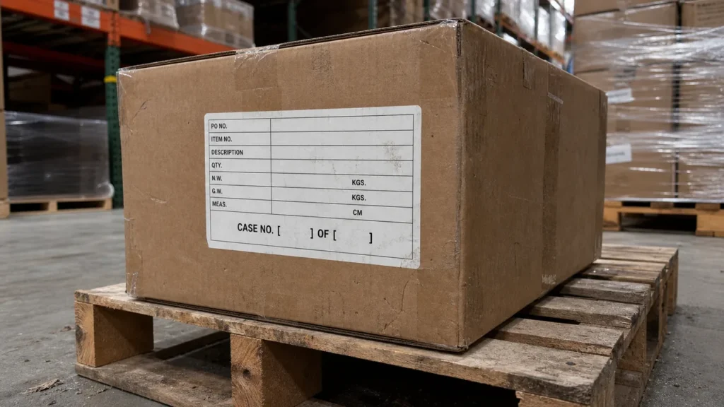 shipping carton label with the CASE NO. field left blank for a custom plush shipment