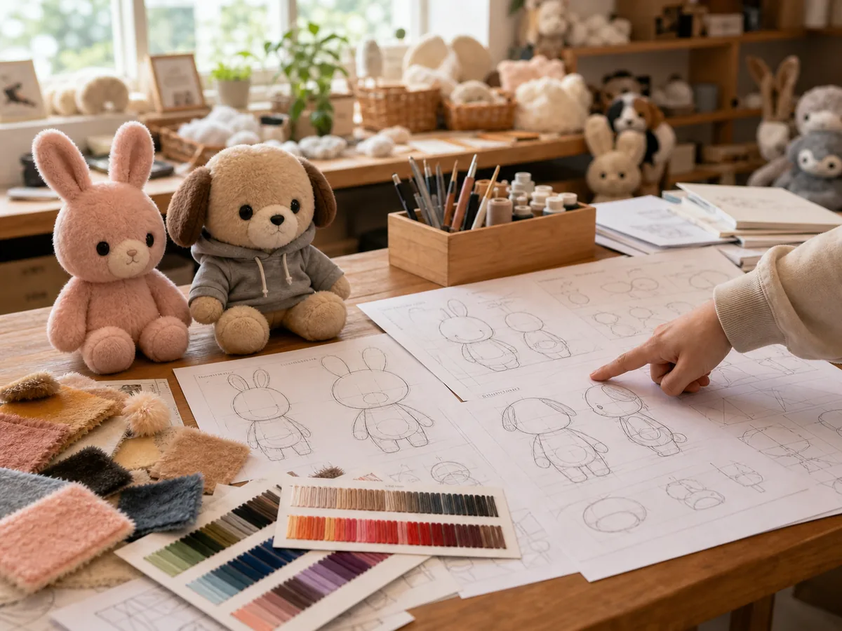 Plush toy design specifications thread cards fabric swatches and finished samples on a workshop desk