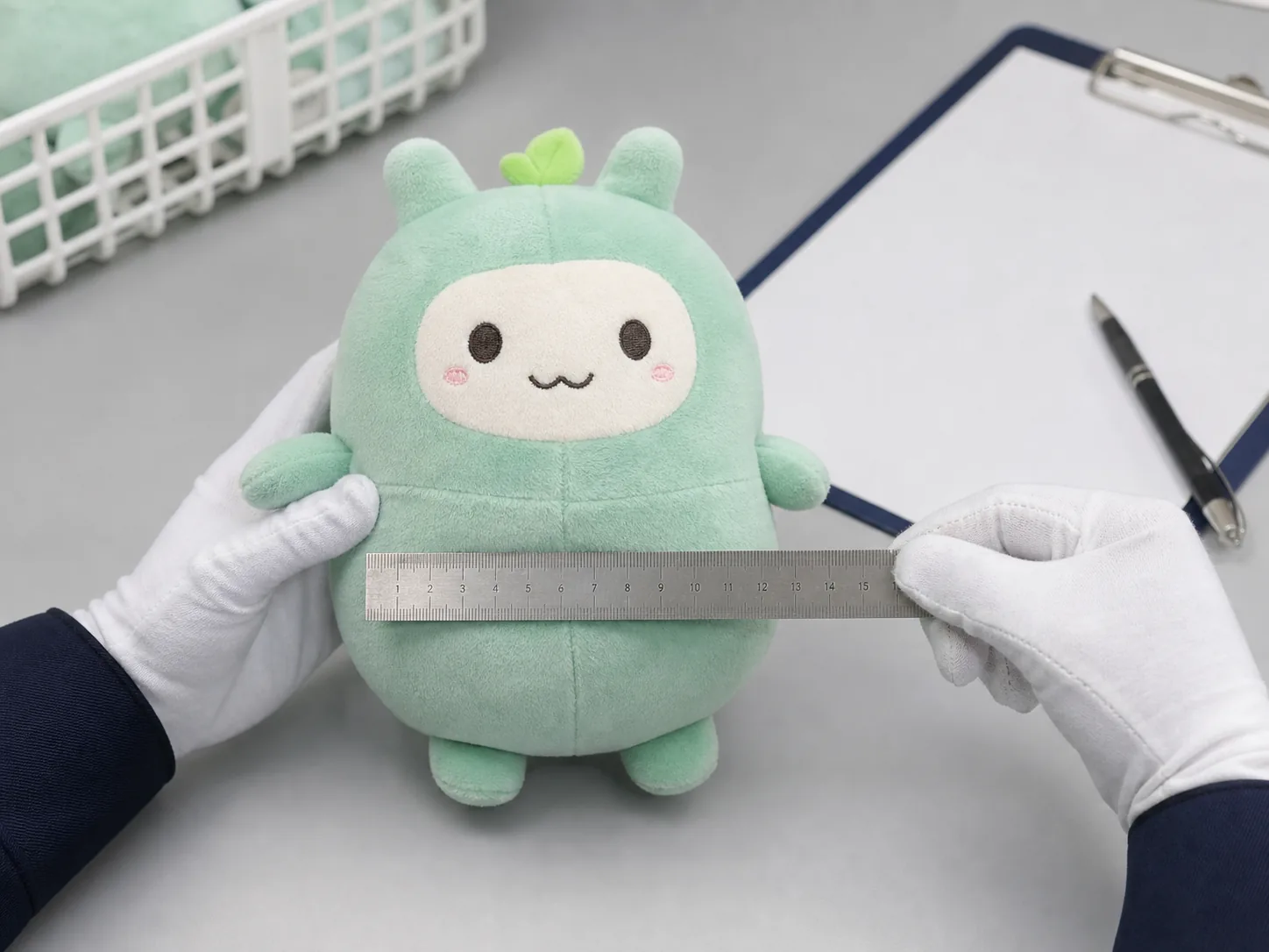 Small metal ruler measuring plush width and component position