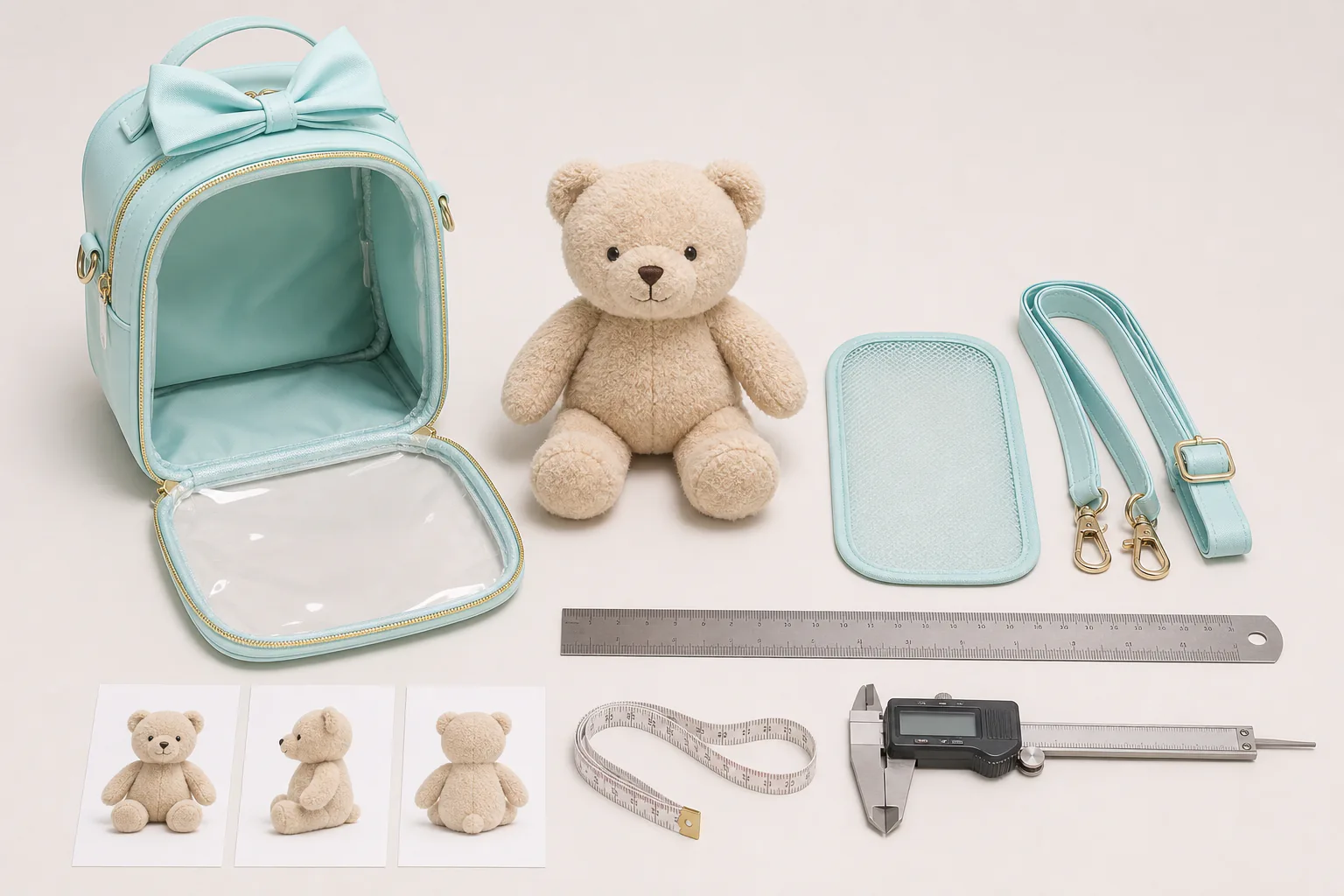 Plush doll measured from three views to confirm carrier inner size and opening