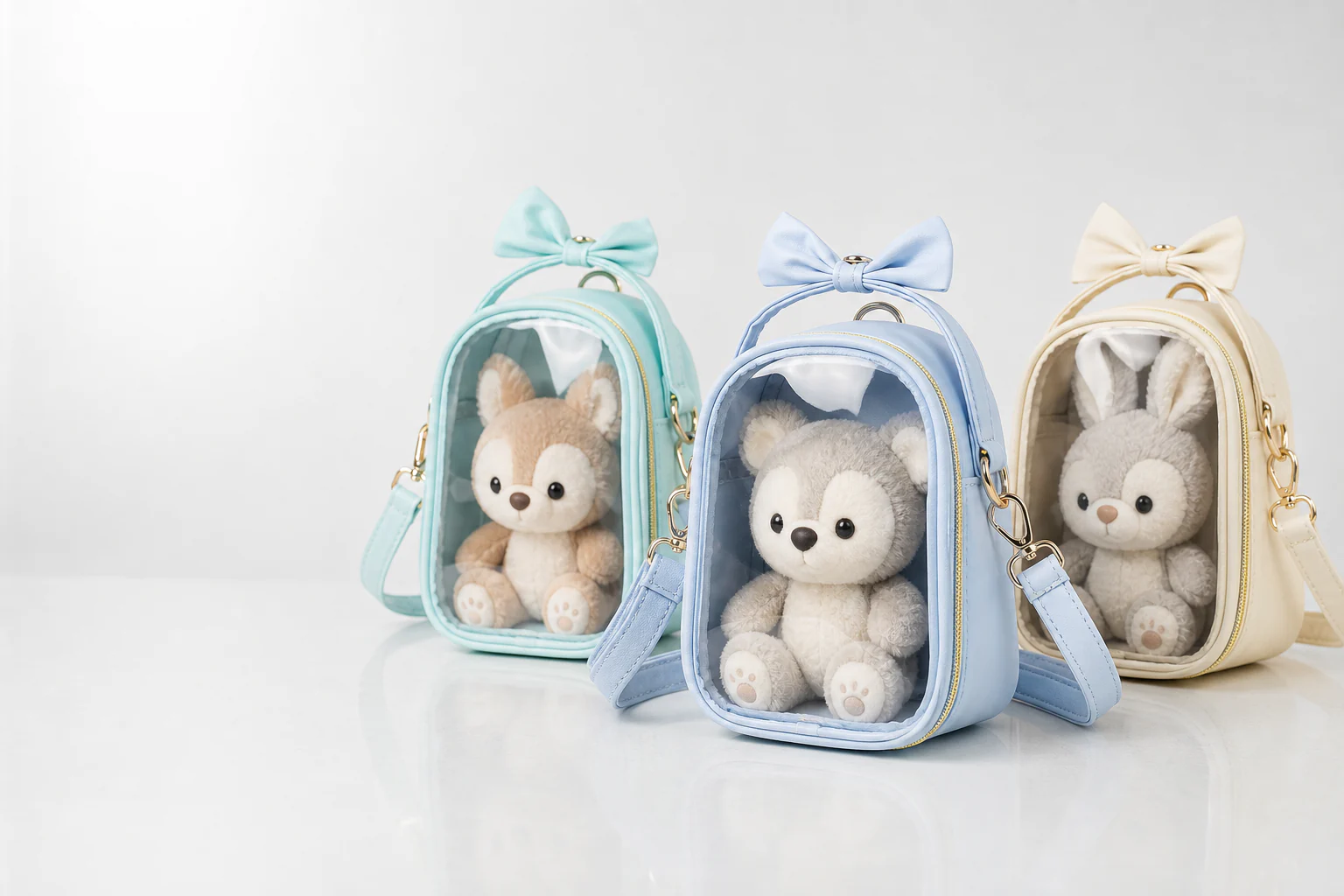 Custom clear-window plush doll shoulder bags with detachable straps in multiple colors