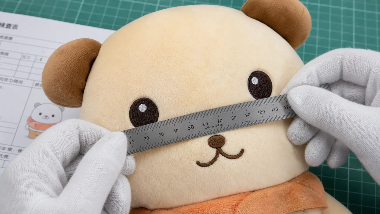 metal ruler measuring embroidered plush eye positions for facial symmetry