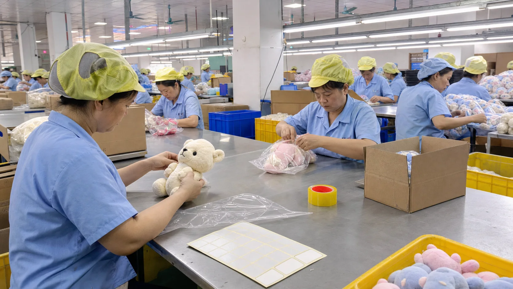Custom Plush Final QC and Packing final appearance inspection and individual packing for bulk custom plush production
