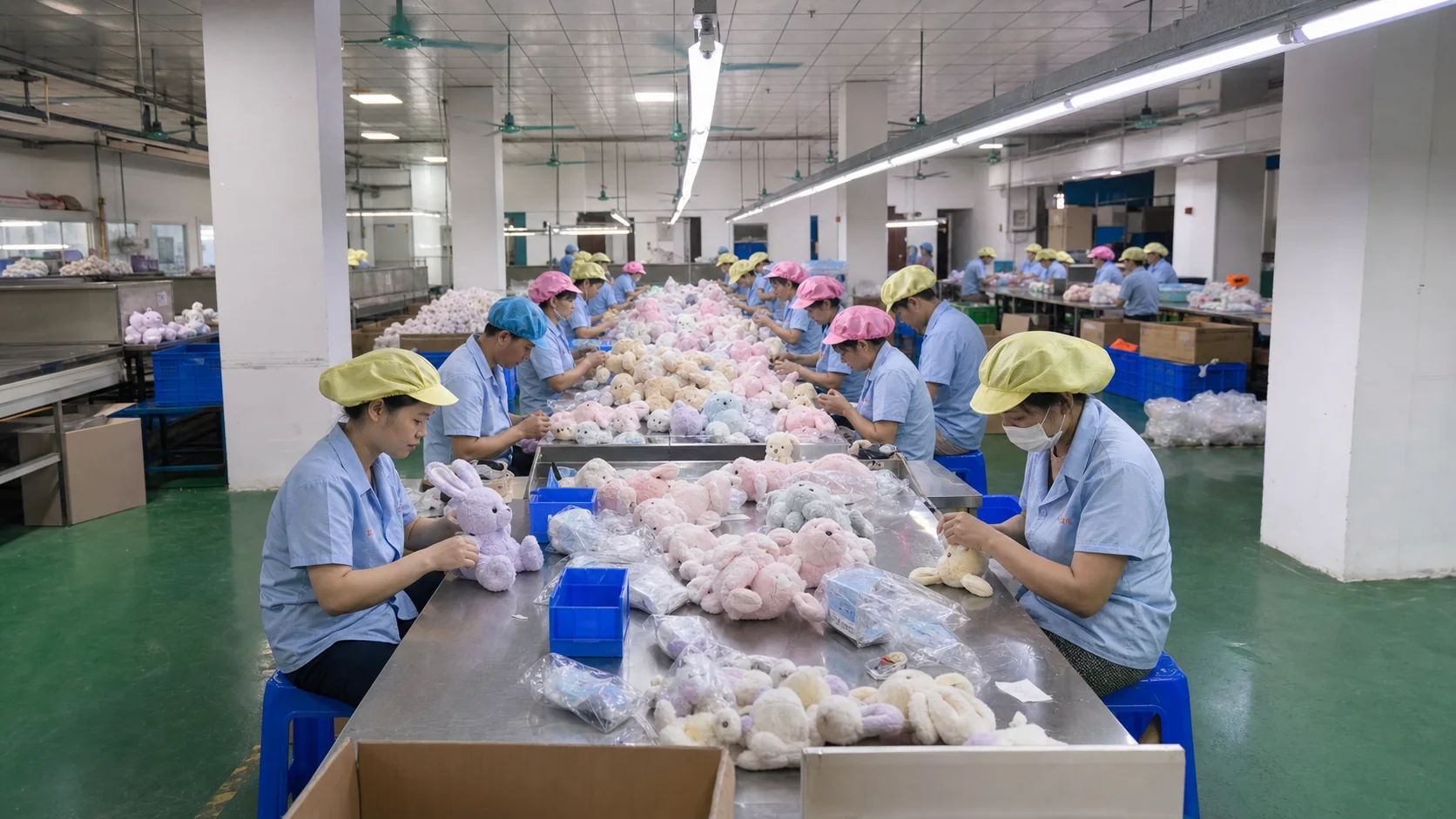 Custom Plush Factory Hand-Finishing Line workers checking seams and finishing bulk custom plush toys on a factory line