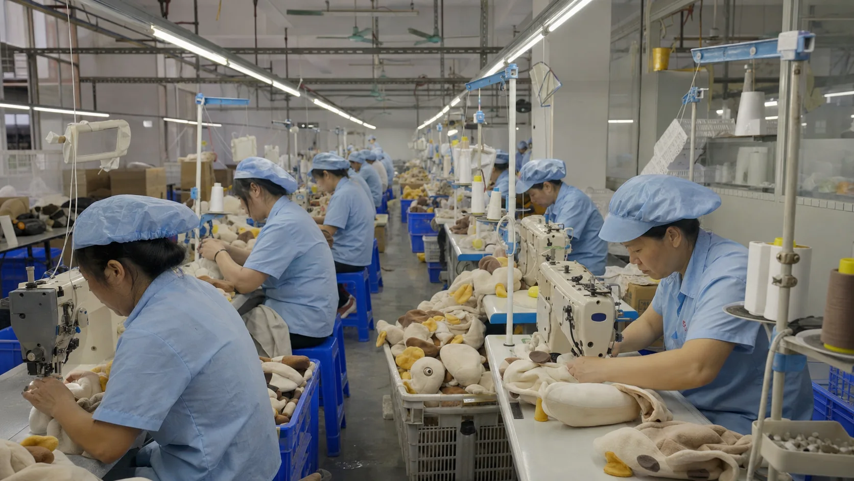 Custom Plush Factory Sewing Production Line operators sewing unbranded custom plush components on an active factory production line