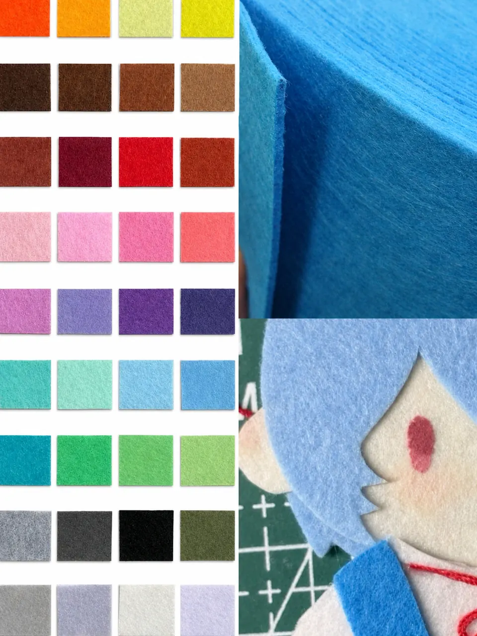 Felt applique color swatches and plush detail sample for custom plush OEM