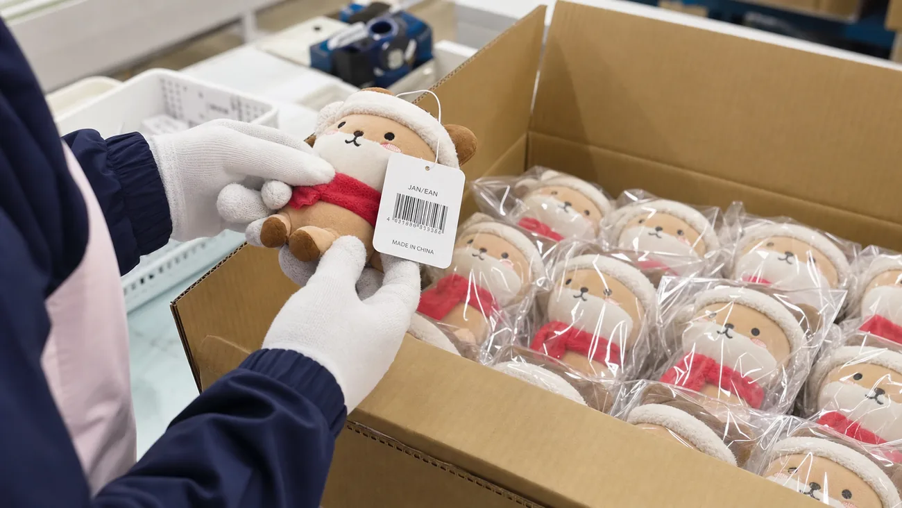 worker checking plush hang tag barcode before packing individually bagged plush toys