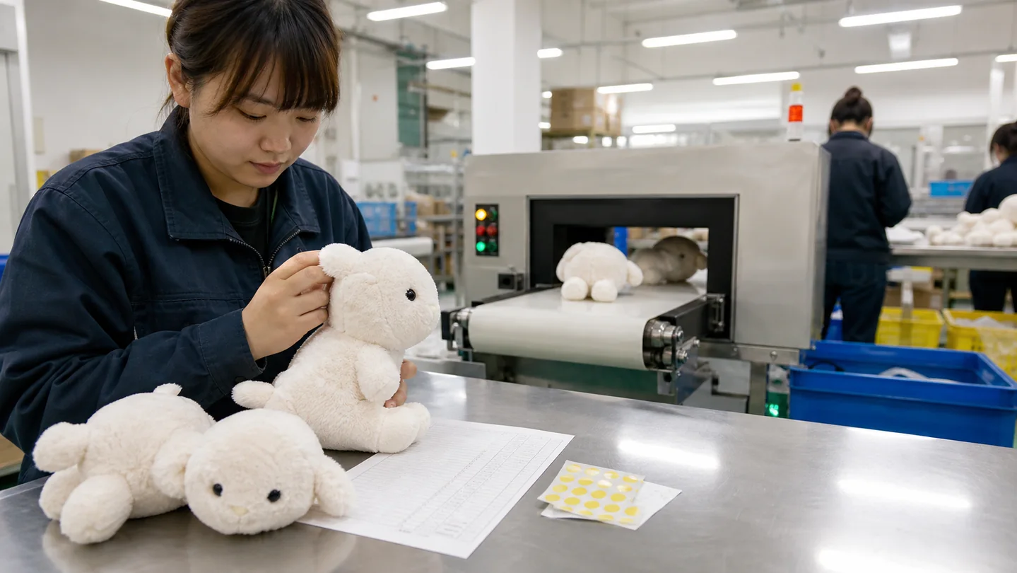 custom plush seam inspection beside a conveyor needle detector in a production QC area