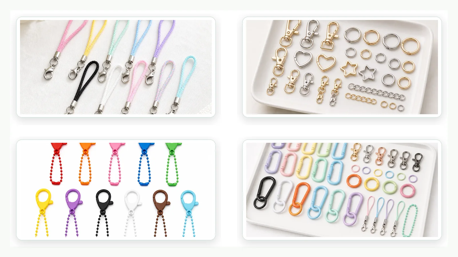 White-background accessory collection for mascot OEM, showing straps, keyrings, ball chains, and carabiner color options