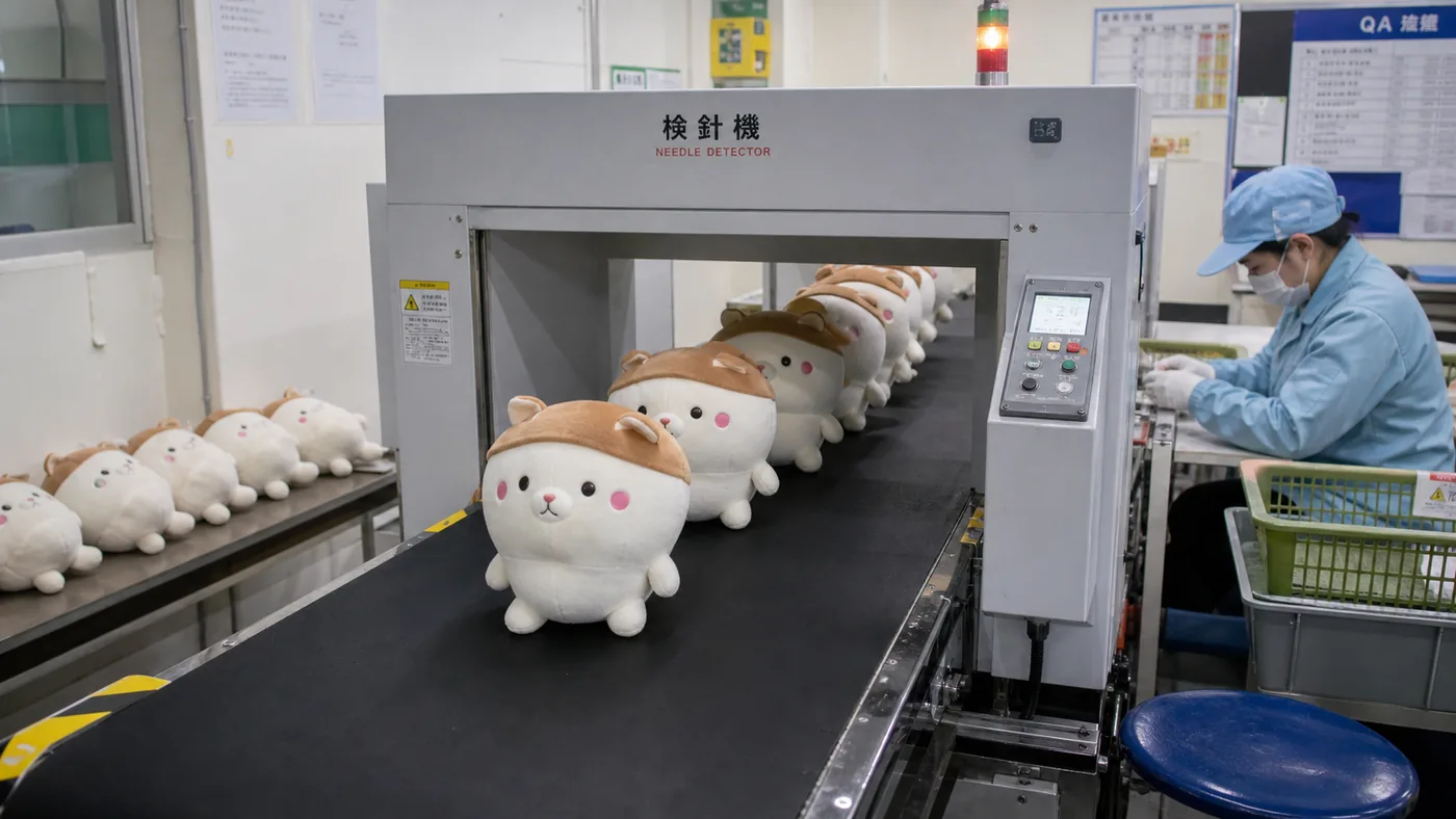 finished plush toys passing through a conveyor needle detector before shipment