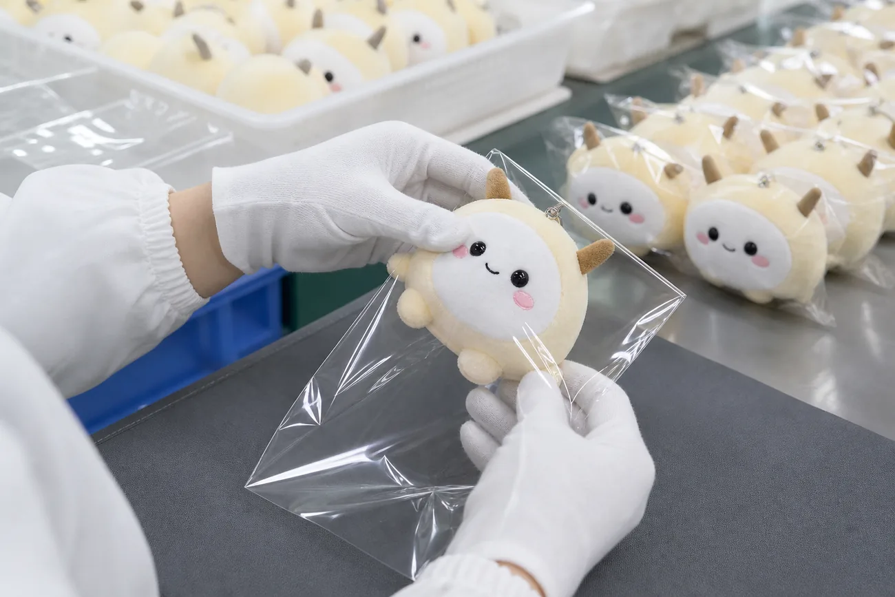 gloved hands sliding a plush mascot into a clear OPP packaging bag