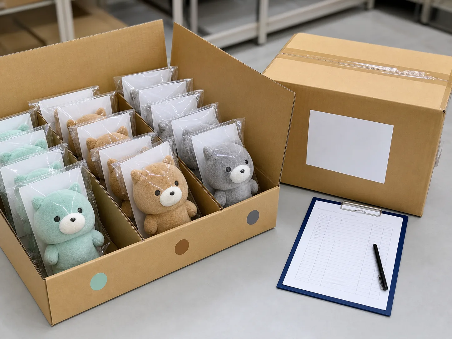 Individually packed plush SKUs sorted into cartons for delivery