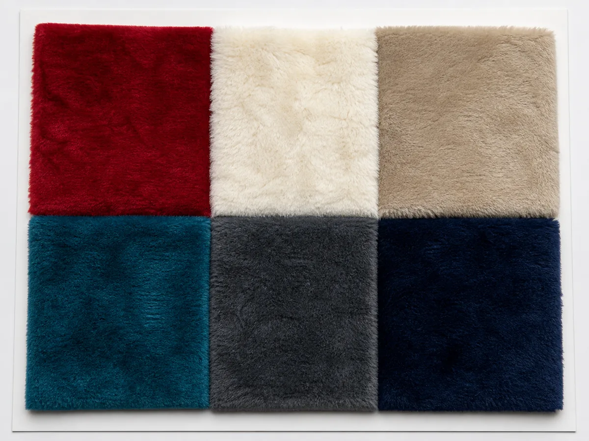 Six premium plush fabric swatches including velboa boa and minky for custom plush OEM