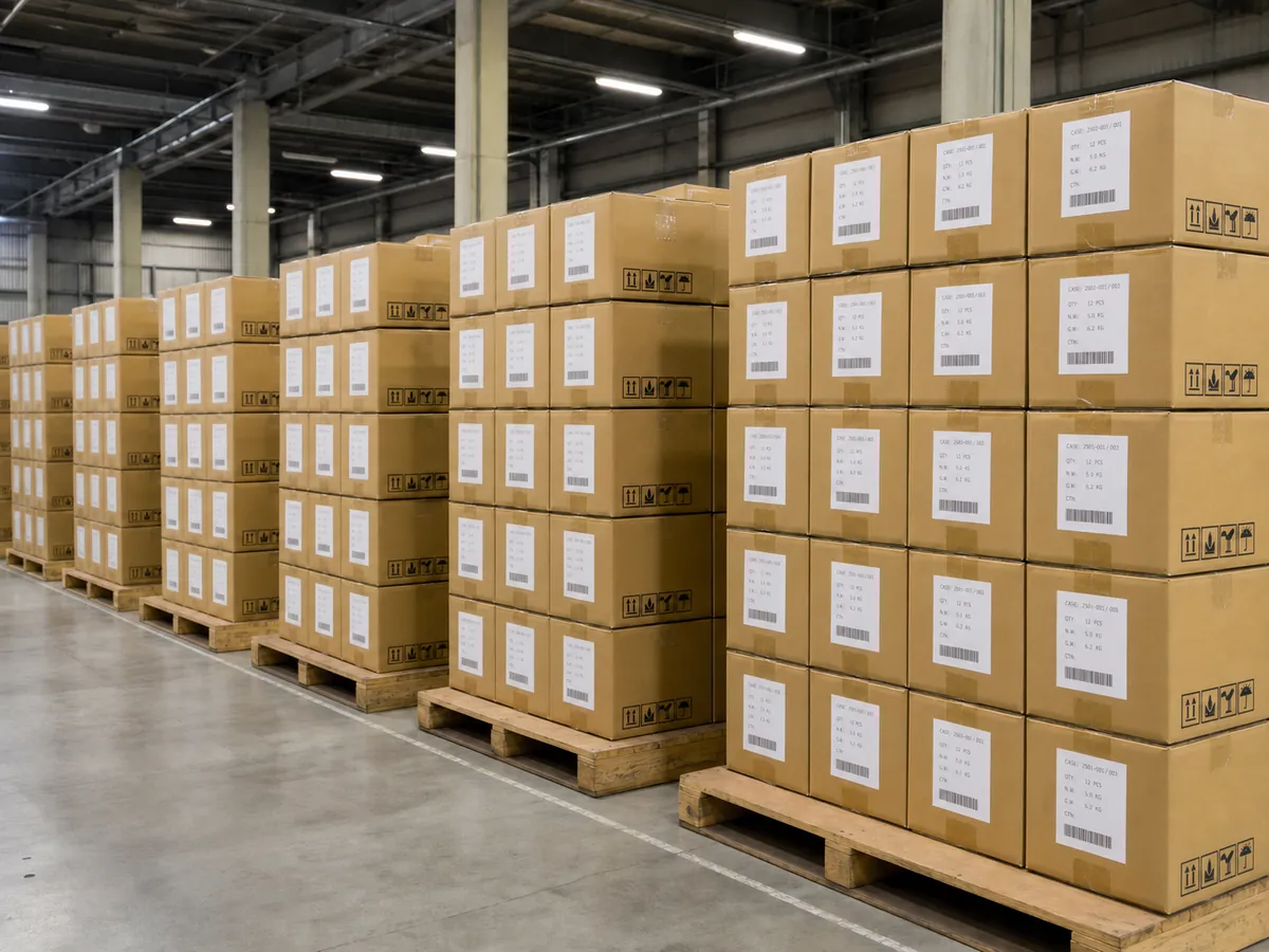 unattended warehouse cartons with case numbers and generic shipping labels