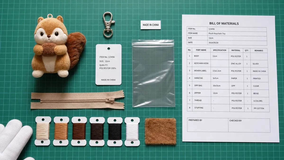 metal hook woven label hangtag and OPP bag checked against the plush BOM