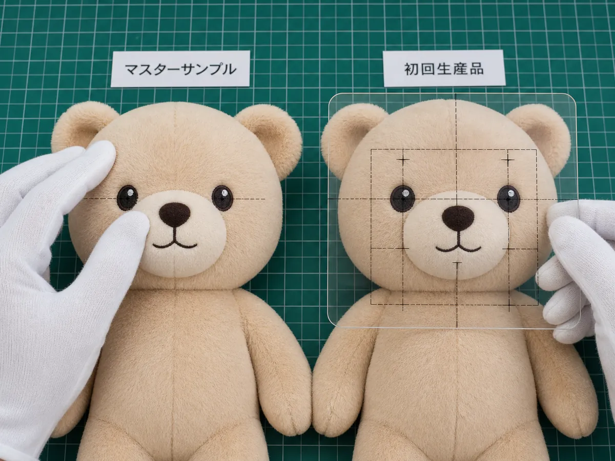 approved plush master sample compared with the first production unit for facial embroidery placement