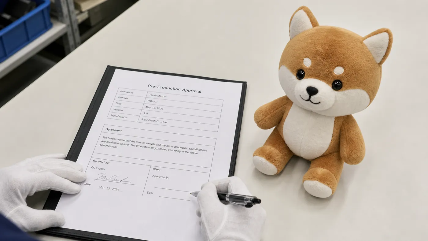 signed pre-production approval document beside the approved plush master sample