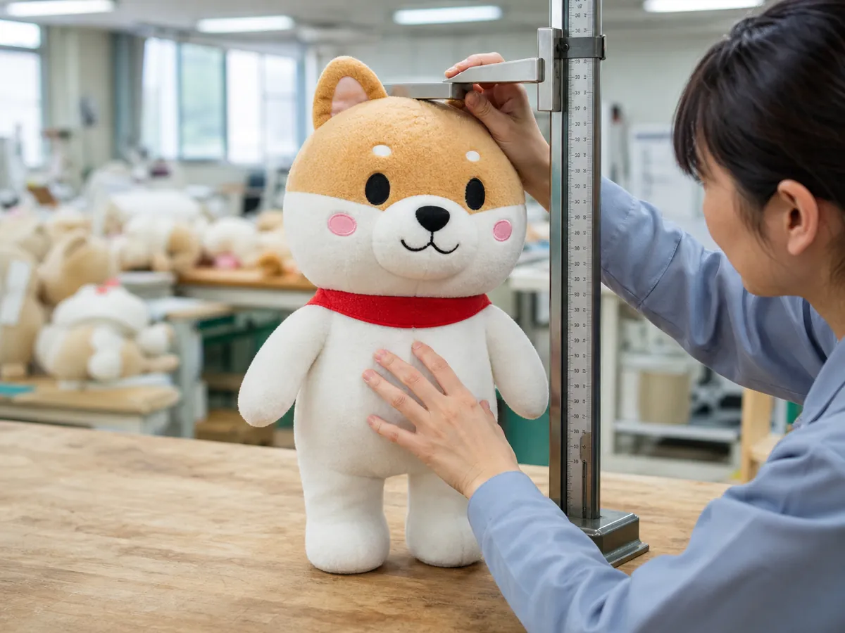 plush mascot height and posture checked with a vertical height gauge