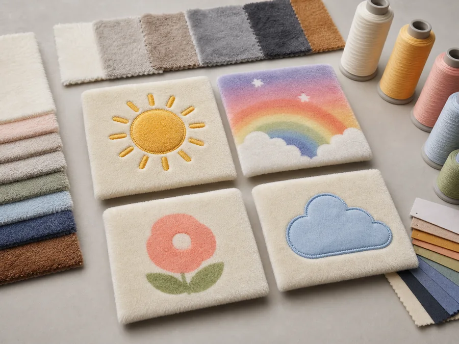 short pile plush fabric sample board comparing print sublimation embroidery and applique