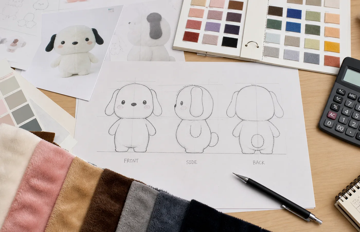 Custom plush quotation and specification schedule Character artwork, plush fabric swatches and color cards prepared for a custom plush quotation