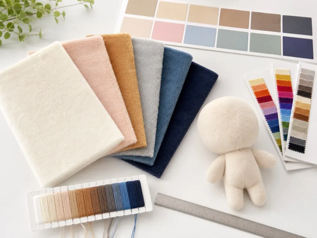 fabric swatches and color references for a custom plush quotation