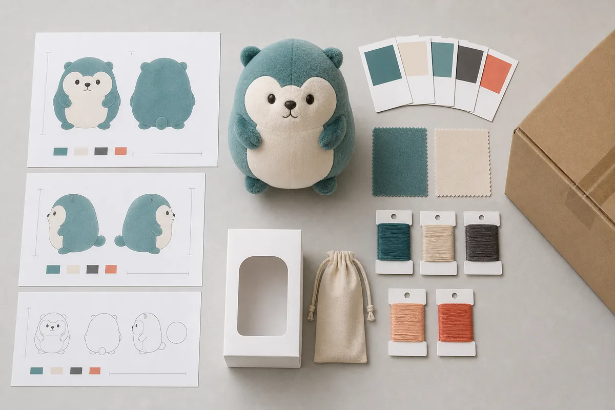 Artwork, fabric references, and packaging samples prepared for a custom plush quotation