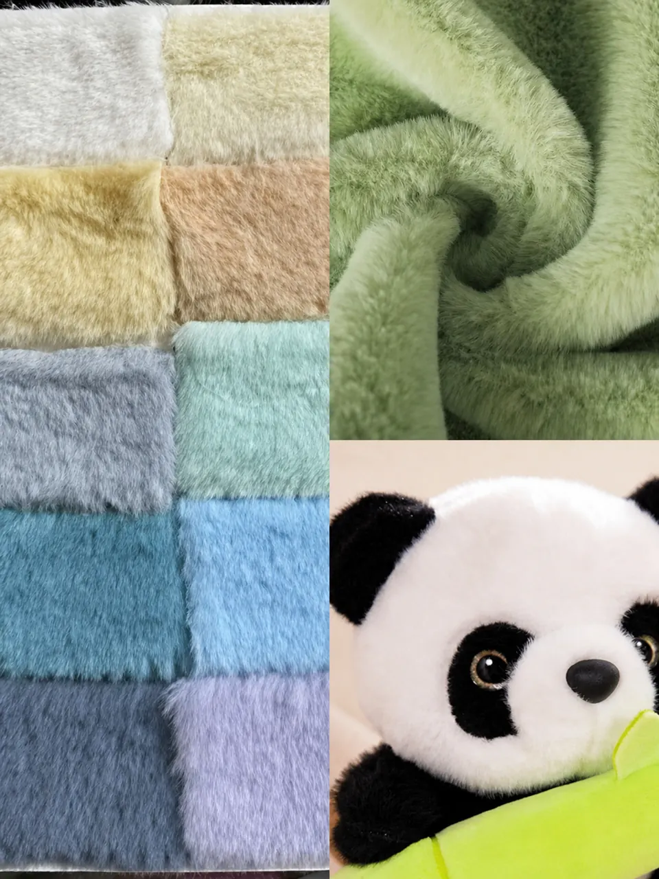 Rabbit faux fur swatches and panda plush example for custom plush OEM
