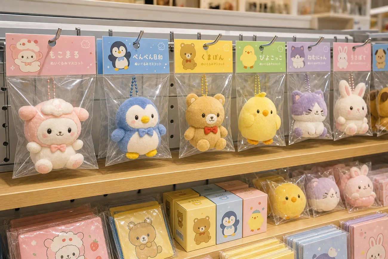 packaged plush mascots hanging neatly on retail pegboard hooks