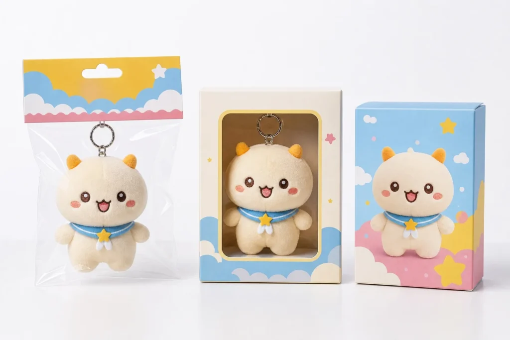 ぬいぐるみのOPP袋ヘッダー、窓付き化粧箱、ブラインドボックス包装例