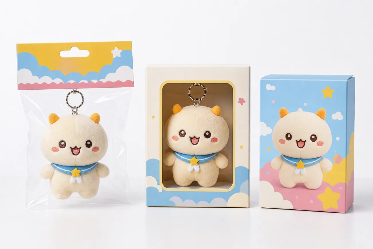 plush mascot retail packaging options including header bag window box and blind box