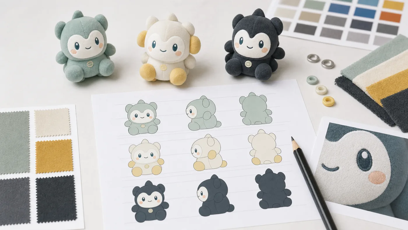 custom plush RFQ artwork brief with character views and color references
