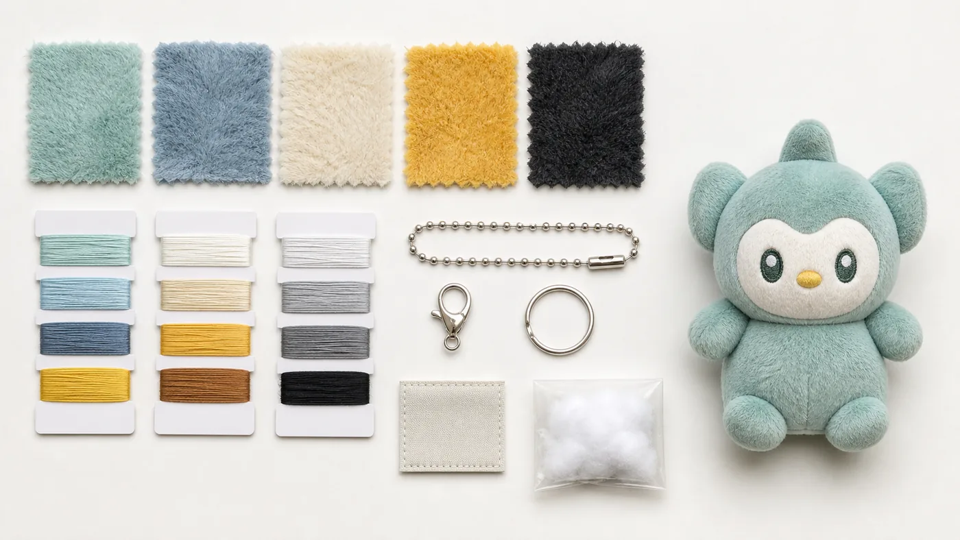 fabric embroidery thread and hardware options for a custom plush RFQ