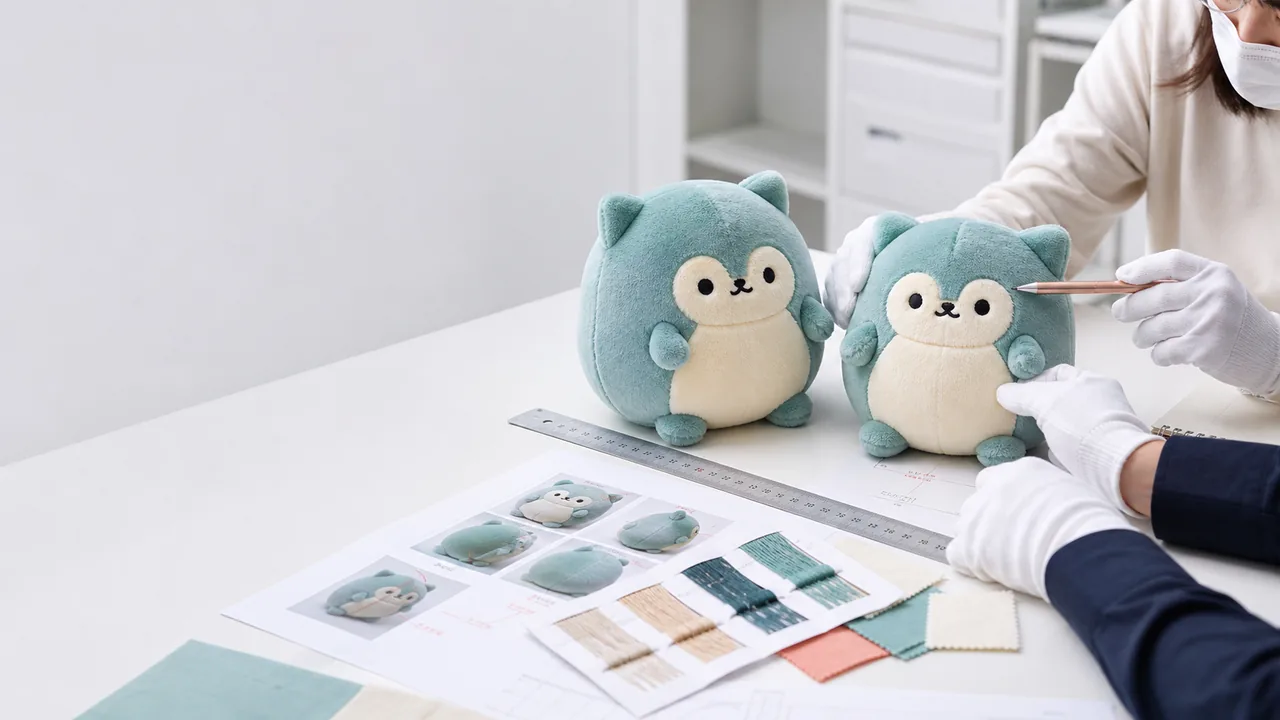 Product developer comparing an initial custom plush sample with its revised version