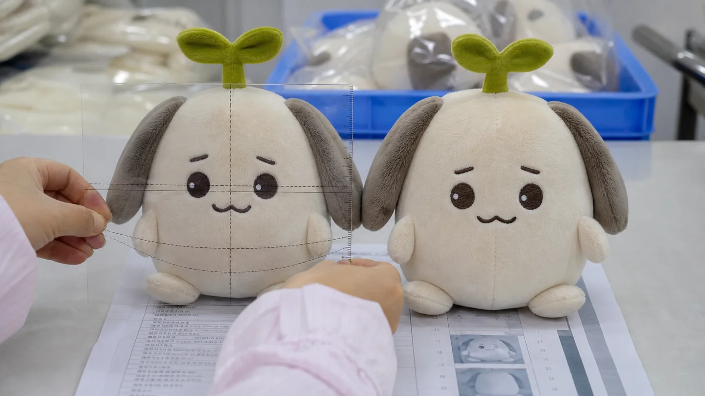 approved custom plush sample compared with a bulk reference for facial embroidery placement