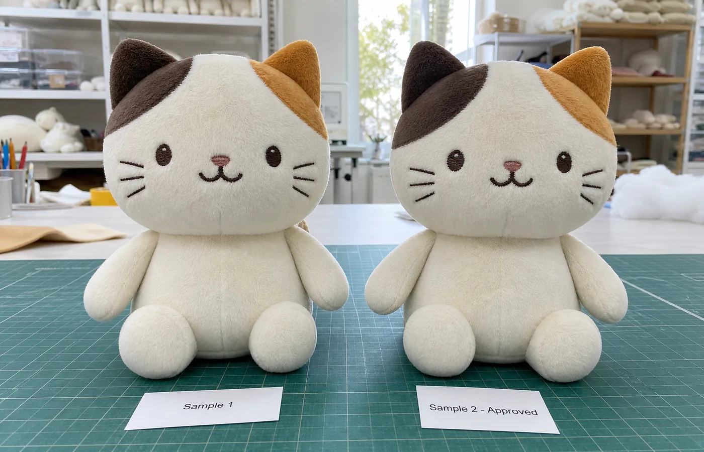 Custom plush sample revision and approval timeline First and revised custom plush cat samples compared side by side for approval