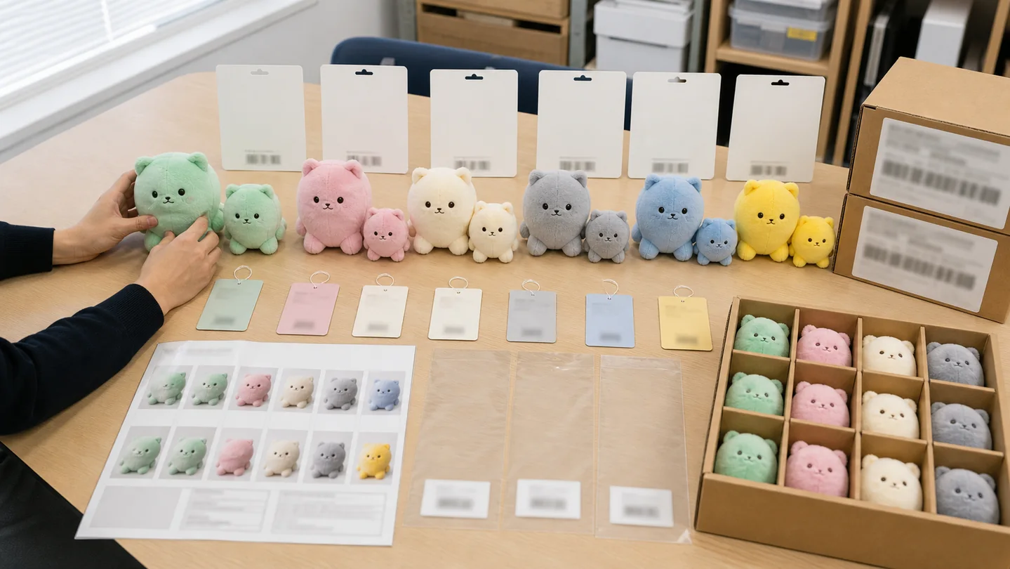 multiple custom plush SKUs reviewed with backing cards labels OPP bags and carton assortment
