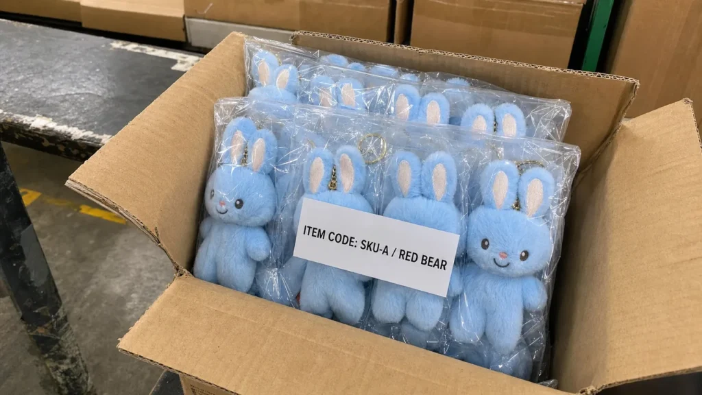 SKU label states red bear while the packed products are blue rabbit plush mascots