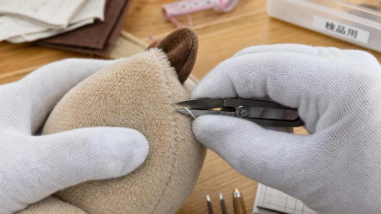 gloved worker trimming loose plush seam threads with small thread clippers