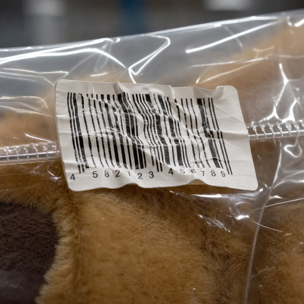 JAN barcode label wrinkled over an OPP bag sealing flap and difficult to scan