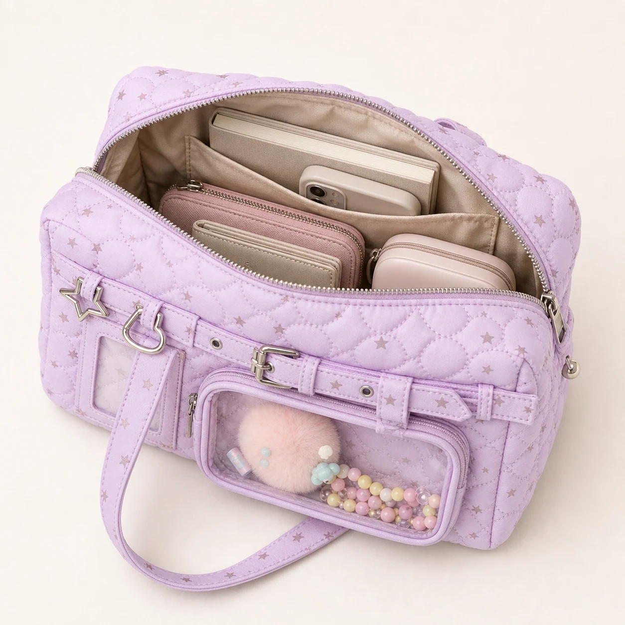 open custom quilted ita bag showing the main storage compartment and inner pocket