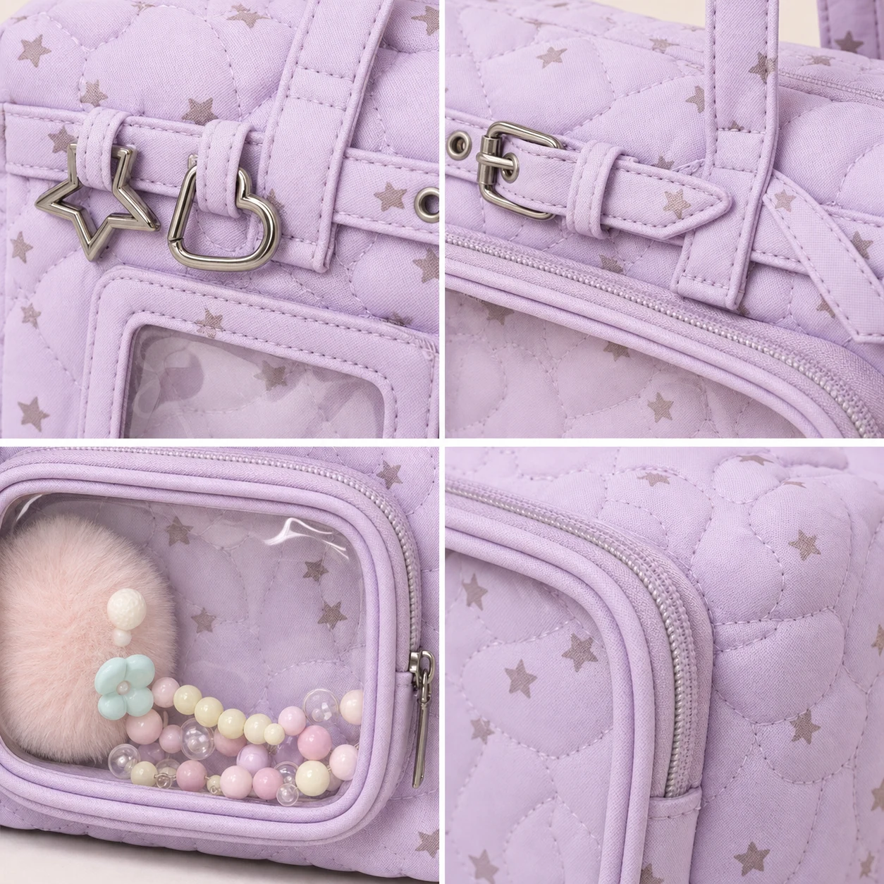 detail views of quilting clear window zipper handle reinforcement and decorative hardware