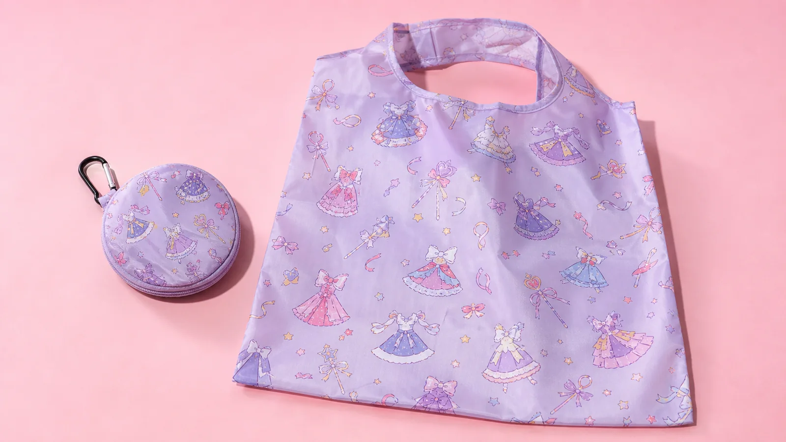 Custom reusable all-over print polyester bag with a round pouch and carabiner for character merchandise