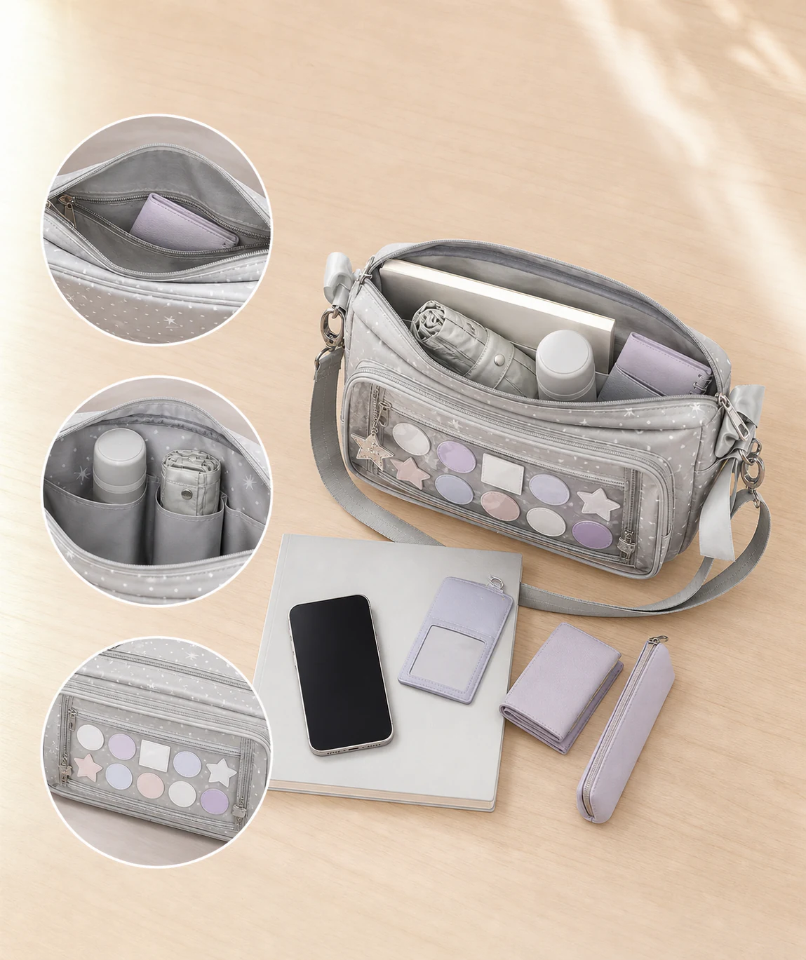 Custom ribbon ita bag storage and capacity example custom ribbon ita bag capacity layout with notebook phone compact umbrella bottle and small daily accessories