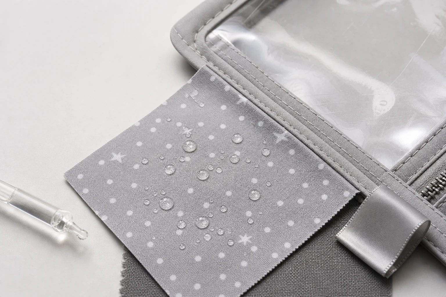 Ribbon ita bag shell and clear-window material detail close detail of star-print shell fabric water droplets clear display-window edge stitching and satin ribbon
