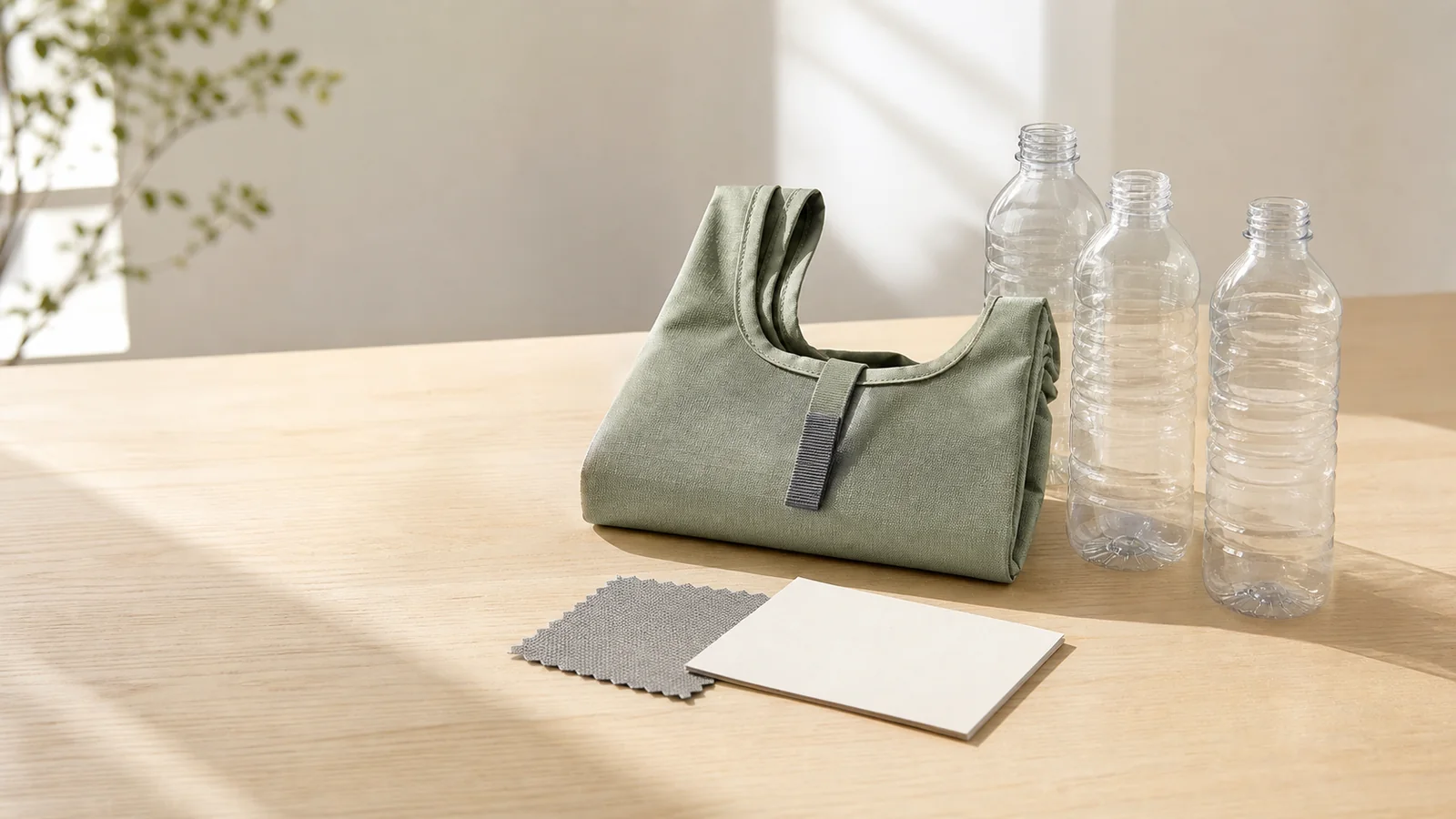 Custom RPET eco bags displayed with recycled PET bottles for material-scope review